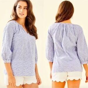 Lilly Pulitzer Willa 3/4 Sleeve Peasant Blouse Top Cotton‎ Blue Floral Eyelet